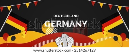 Happy Germany Unity Day or Deutschland. Modern abstract shape with raised hand and typography to celebrate national holidays in Germany flag colors. Suitable for poster, banners and greeting cards.