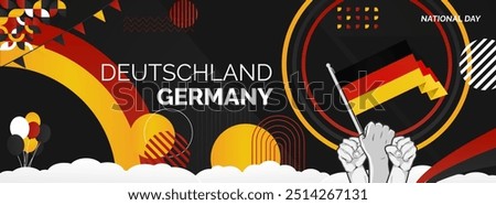 Happy Germany Unity Day or Deutschland. Modern abstract shape with raised hand and typography to celebrate national holidays in Germany flag colors. Suitable for poster, banners and greeting cards.