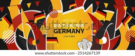 Happy Germany Unity Day or Deutschland. Modern abstract shape with raised hand and typography to celebrate national holidays in Germany flag colors. Suitable for poster, banners and greeting cards.