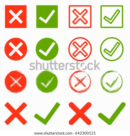 Set of green and red cross and hook Checkmark OK and X icons Symbols YES and NO button for vote decision