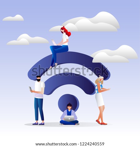 	
People in free internet zone working on laptops sitting on a big wifi sign. Free wifi hotspot, wifi bar, public assess zone, portable device concept. Vector illustration, template. Character design