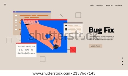 System administrator fixing program code. Man fix computer or laptop, deleting malware, virus, bug or system error. Programmer hand hold bug and install antivirus, spam protection vector illustration.