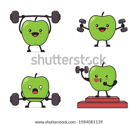 cartoon green apple. with sports equipment, dumbbells, barbells. Photo stock © 