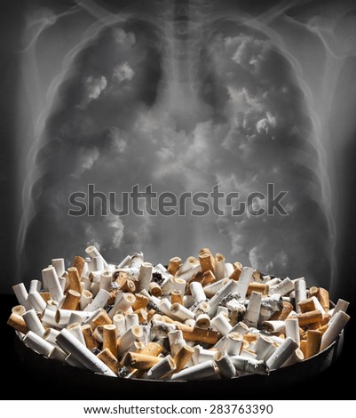 Cigarette smoke damages lungs - stop smoking!\
Ashtray full of cigarette ends with lungs background