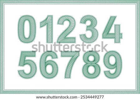 A set of guilloche numbers on a transparent background with a frame.