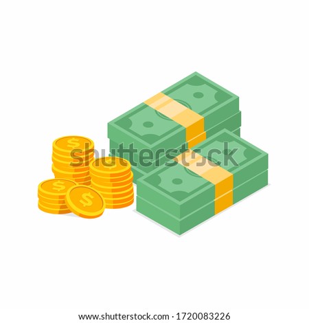 Stack of cash symbol flat style isometric illustration. Gold coins with dollar sign. eps-10 vector illustration.