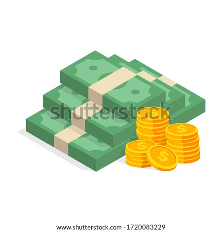 Stack of cash symbol flat style isometric illustration. Gold coins with dollar sign. eps-10 vector illustration.