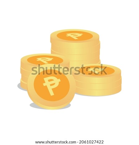 Stacks of peseta gold coins on white background. The Spanish Currency Sign. ESP money symbol. EPS-10 vector art.