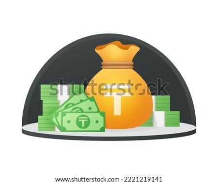Moneybag and Banknote with Kazakhstani tenge sign isolated on white. Cash financial item. Money saving flat vector illustration.
