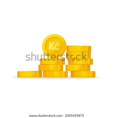Gold Coins stack with Czech Koruna sign. Flat style coins pile. Czech Republic money symbol. Modern financial vector design isolated on white background.