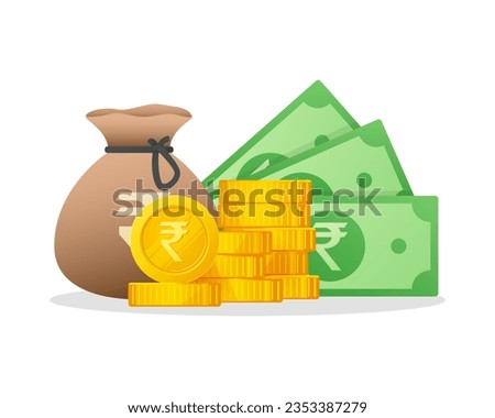 Cash Money and Gold Coins Stack With Indian Rupee Sign. India Currency symbol. Modern vector financial illustration.