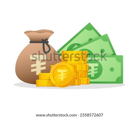 Cash Money and Gold Coins Stack With Mongolian Tugrik Sign. Mongolia Currency symbol. Modern vector financial illustration.