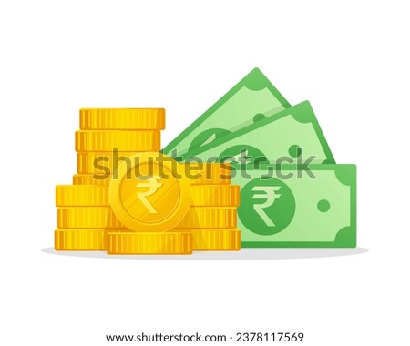 Cash Money and Gold Coins Stack With Rupee Sign. Indian Currency symbol. Modern vector financial illustration.