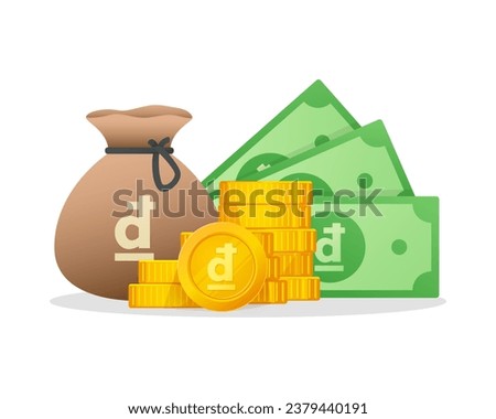 Cash Money and Gold Coins Stack With Vietnamese dong Sign. Vietnam Currency symbol. Modern vector financial illustration.
