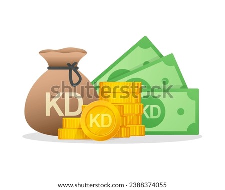 Cash Money and Gold Coins Stack With Kuwaiti dinar Sign. Kuwait Currency symbol. Modern vector financial illustration.