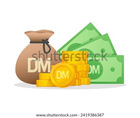 Cash Money and Gold Coins Stack With Germany Deutsche Mark Sign. West Germany Currency symbol. Modern vector financial illustration.