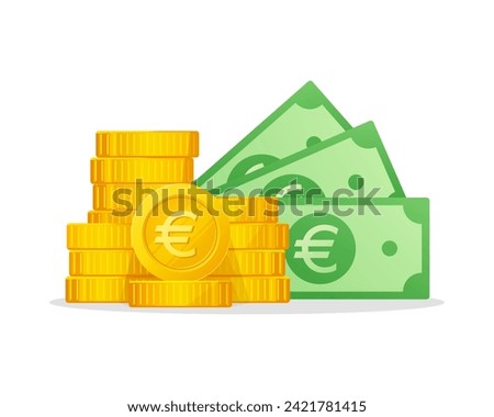 Cash Money and Gold Coins Stack With Euro Sign. European Union Currency symbol.