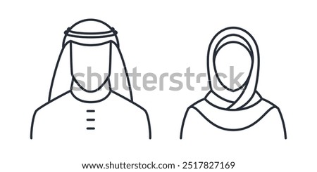 Arabic muslim man and woman couple icon. Muslim male and female thin line vector illustration.