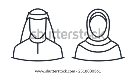 Arabic muslim man and woman couple icon. Muslim male and female thin line vector illustration.