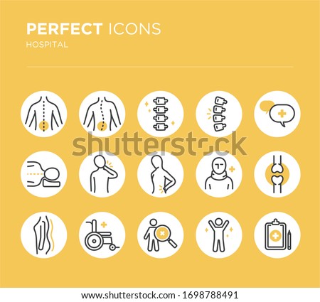 Spine line icon set. Backbone symbol collection. Orthopedics clinic, Medical rehab, Back trauma, Broken bone, Scoliosis. Health care thin linear hospital sign. Flat design style. Vector illustration.