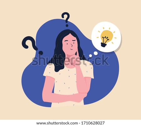 problem solving concept, woman thinking, with question mark and light bulb icons. creative idea. Hand drawn style vector design illustrations