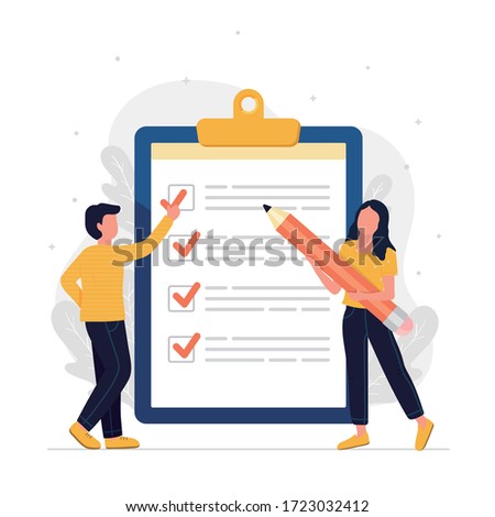 To do list and planning checklist concept. little people holding giant pencil, Checking on paper to do list, Daily task or agreement, Clipboard, Flat design style. Isolated vector illustration.