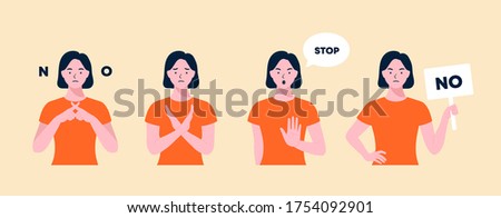 Woman is showing a gesture No. negative, opposite gestures set. woman protested holding a sign with the words No. No means no concept, stop here. flat design style minimal vector illustration.