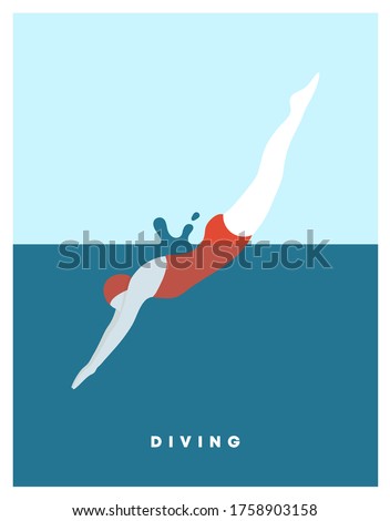 Diving woman. Woman character dives. jumping into water a jump of a sporty woman into swimming pool. Female wearing  swimming suit jumping in water. Modern style. Vector flat illustration.