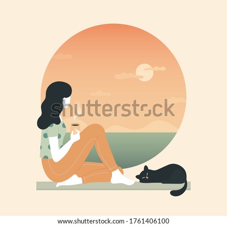 Young thoughtful woman drinking coffee and looking through window while sitting on windowsill at home. cat, tea, sunset, 
cloud, sea, ocean. Thinking, meditating, relaxed concept. Vector illustration.