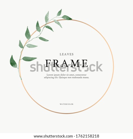 leaves minimalistic vector round frame. Hand drawing plants, branches, Herbal. Greenery wedding square invitation. leaf, Circle. Gold line. Watercolor style. Modern neutral design for poster, card.