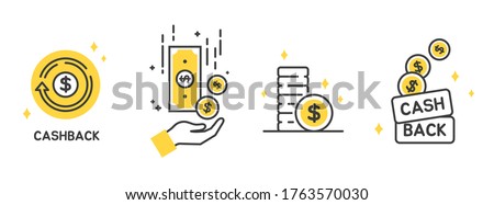 Cashback icon set, Return money, Cash back rebate, Financial services, money refund, return on investment, savings account, currency exchange. Mobile payment for purchases. line symbol. Vector.