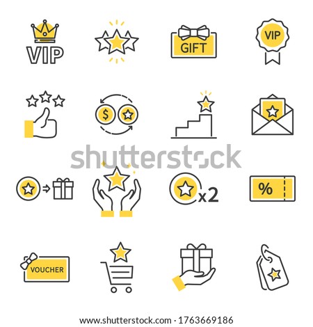 Royalty program line icon set. Included icons as member, VIP, Exclusive, Reward, Voucher, High level, Gift Cards, Coupon, outline icons set,  Simple Symbol, Badge,  Sign. Flat Vector thin line Icon