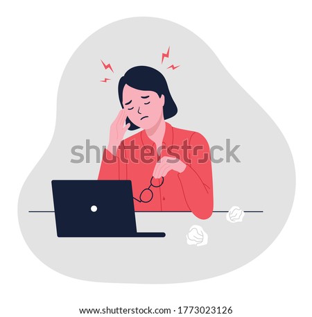 Stressful work, Stress at workplace. Busy business woman, Project failure, Workaholic. Unhappy female clerk sitting at desk. Sad, tired or exhausted woman at office. flat vector illustration