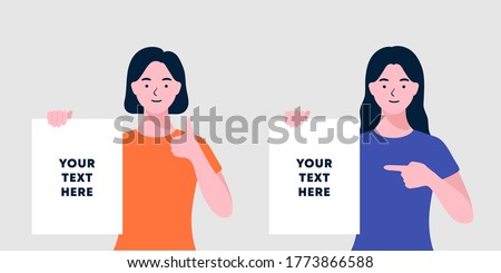 Girl holding displaying white blank board and pointing finger. Happy woman showing blank signboard with copyspace area for your text or slogan. Banner, poster. Thumbs up. Flat vector illustrations. 商業照片 © 