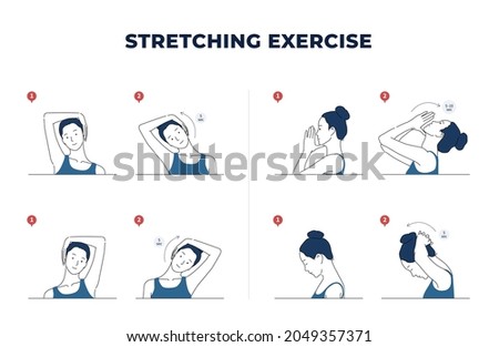 Neck and shoulder exercise. Stretch to relieve neck pain. Idea healthy and active lifestyle. Shoulder shrug and head tilt. Easy office workout. Stretching activity. vector line illustration. doodle.