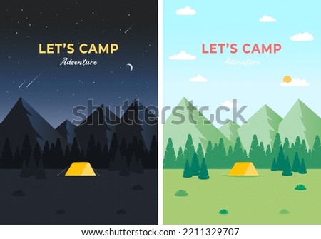 Day and night landscape illustrations with mountains. Evening Camp. Pine forest and rocky mountains. Campfire Nature landscape. Vertical web banner for summer camp. Modern flat design vector.