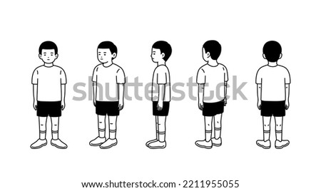 Set of Character man cartoon concept. Front side back turn around for animation. Mascot kit of little boy for different poses. Simple line drawing. Flat vector illustration. Hand drawn style.