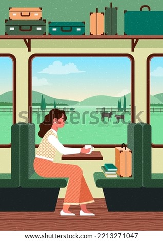Train interior inside view with luggage and the train station. Landscape through the train window. The girl is sitting in a train carriage. Spring vacation. Flat Design. Trendy vector illustration.