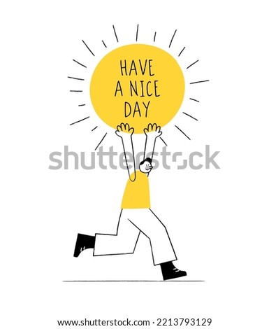 Man holding sun. Happy person walking. Concept of optimism, feeling of happiness, positive thoughts or emotions, good mood, optimistic point of view. Simple line art. Modern flat vector illustration.