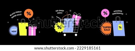 Online shopping concept set. E-commerce, customer on the sale. App on mobile phone and computer. Web banner, social media, ad, promo poster. Black friday template. Trendy flat vector illustration.