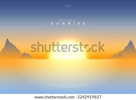 Beautiful sunrise or sunset in ocean, Nature landscape background, Shining sun above sea. Rocks sticking up of water surface. Evening or morning view. Modern style, Trendy vector illustration.