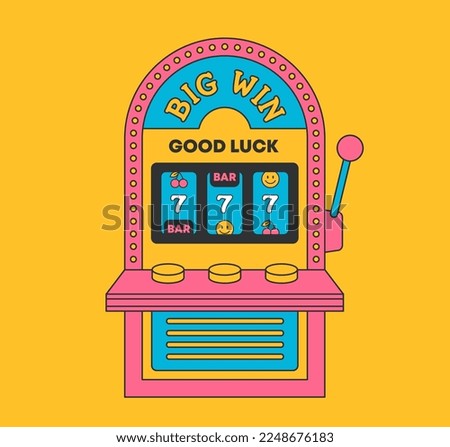 Slot machine with lucky seven jackpot. Casino game win. Gambling item. Big prize concept. One arm bandit. Roulette banner. Glowing lamp. line art. Retro flat style. Cartoon vector design illustration.