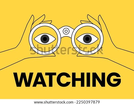 Hands hold binoculars. Search engine or research. big eyes looking forward through lenses. Concept of vision, spying. Future strategy, business opportunity, exploration. Trendy vector illustration.