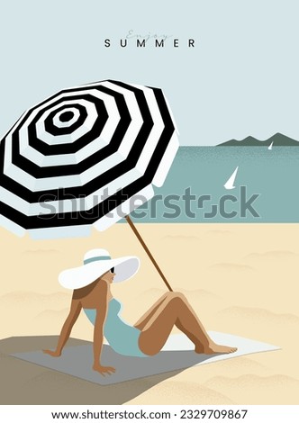 Girl relaxing on the beach. Suntanned woman sunbathing on towel, Resort on summertime vacation. Seaside blue ocean scenic view background. Pop art poster, Modern retro style. Flat vector illustration.