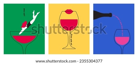 Abstract wine bottle poster set. Woman character jumping into the glass. Wine lover concept. Menu, Festival, Tasting. Colorful modern typography background. Trendy style design vector illustration.