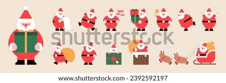 Santa Claus collection. Christmas cute character set. Faces and full body. Various view, Different emotion, Xmas red clothes, Animation, Pose, Gesture. Trendy style isolated vector flat illustration.