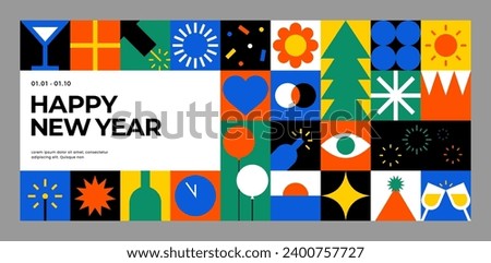 Happy New Year colorful geometric mosaic seamless pattern. Creative abstract shape. Modern scandinavian style icon element. Trendy bright symbol. Minimal background print. Flat vector illustration.