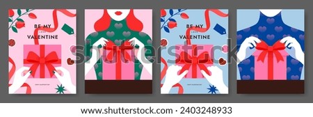 Valentine's Day background. Valentine present concept banner first person top view. Hands unpacking box, Decorative red bow. Social media, Poster. Gift giving. Modern style. Flat vector illustration.