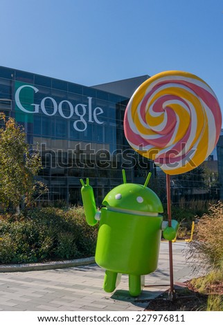 MOUNTAIN VIEW, CA/USA - NOV 2, 2014: Android Lollipop (latest android OS) replica in front of Google office. Google is a multinational company specializing in Internet related services and products.