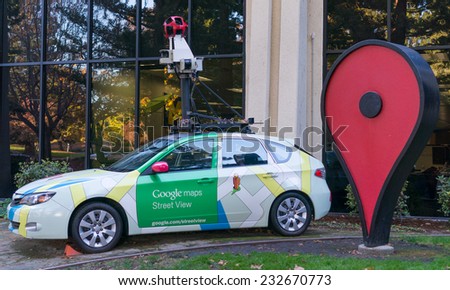 MOUNTAIN VIEW, CA/USA - NOV 22, 2014: Google maps street view car in front of Google office. Google is a multinational company specializing in Internet related services and products.